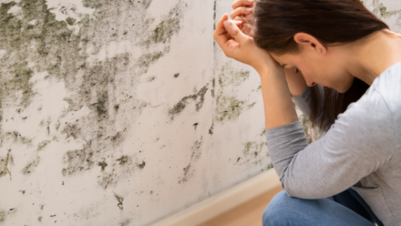 Woman crouching beside an indoor wall covered in dark mold patches, with hands resting on forehead.
