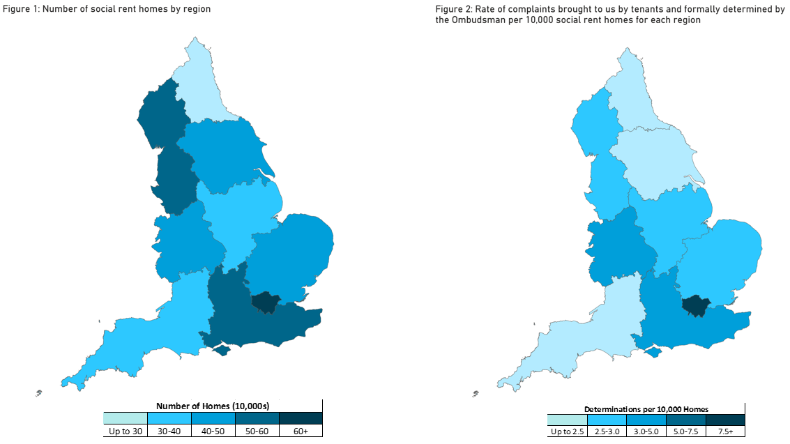 Two maps of England showing the number of social rent homes by region and the Ombudsman's formal determinations by region