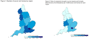 Two heat maps of the UK.

The first one shows the number of social rents homes by region. The second shows the rate of complaints brought to HOS by tenants and formally determined by the Ombudsman per 10,000 social rent homes for each region